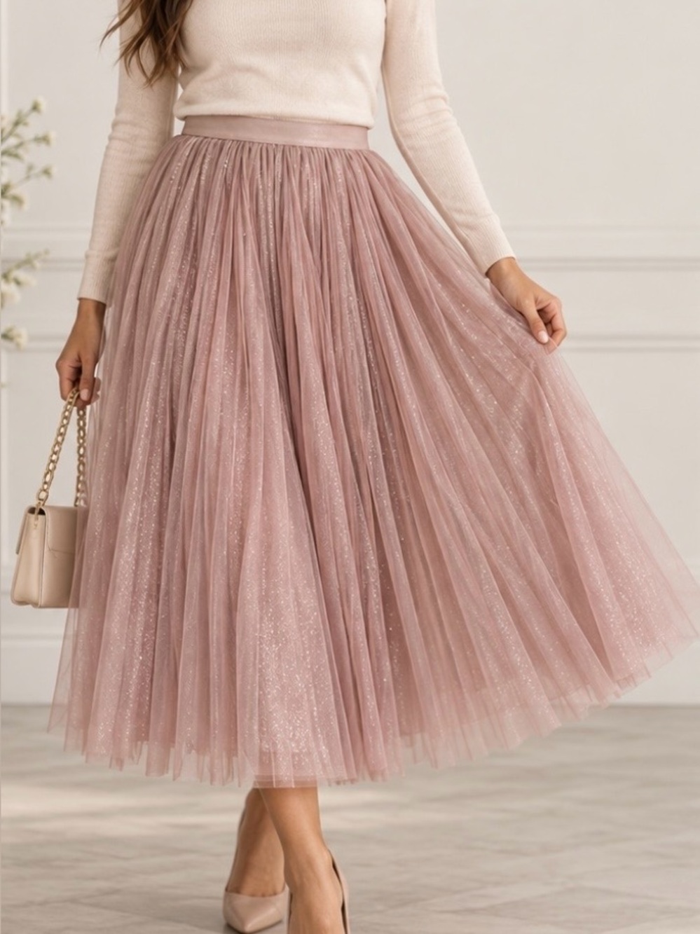 Chicwish Elegant Women's Sparkle Tulle Midi Skirt - Dusty Rose